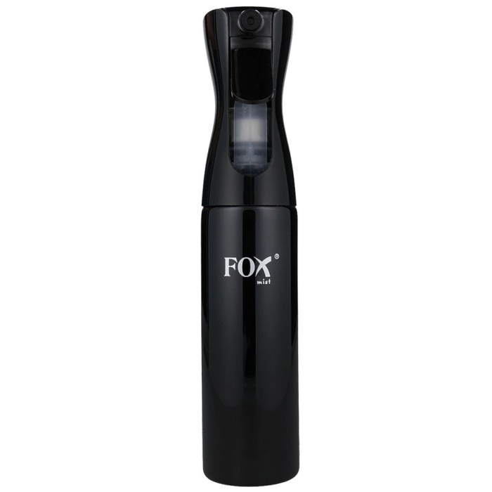 Ciągła i delikatna mikromgiełka wodna, którą generuje rozpylacz fryzjerski FOX Mist czarny.