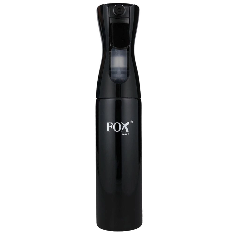 Ciągła i delikatna mikromgiełka wodna, którą generuje rozpylacz fryzjerski FOX Mist czarny.