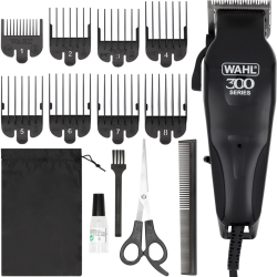 Przewodowa maszynka do strzyżenia włosów WAHL Home Pro 300 w eleganckiej czarnej obudowie.