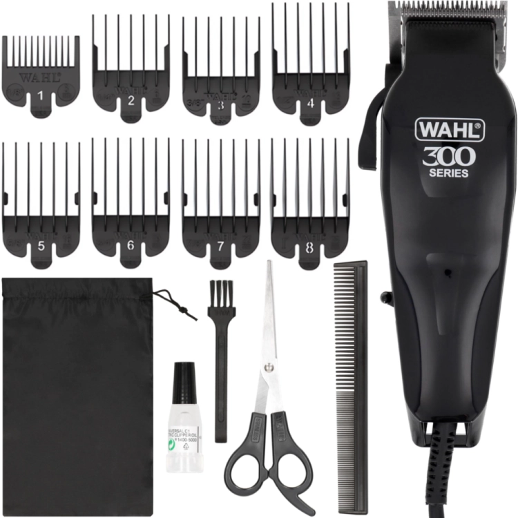Przewodowa maszynka do strzyżenia włosów WAHL Home Pro 300 w eleganckiej czarnej obudowie.