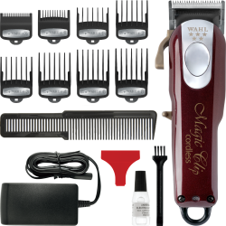 Kompletny zestaw barberski z akcesoriami oraz bezprzewodową maszynką Wahl Magic Clip Cordless.