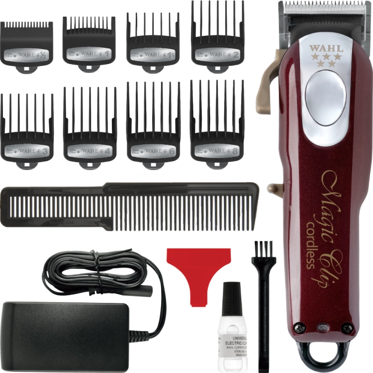 Kompletny zestaw barberski z akcesoriami oraz bezprzewodową maszynką Wahl Magic Clip Cordless.
