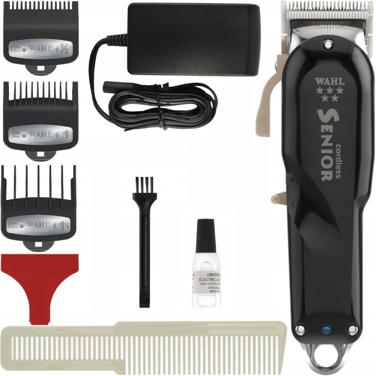Profesjonalna bezprzewodowa maszynka do strzyżenia włosów WAHL Senior Cordless 8504 w metalowej obudowie.