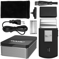 Bogaty zestaw podróżny Wahl Travel Shaver w eleganckim metalowym pudełku.