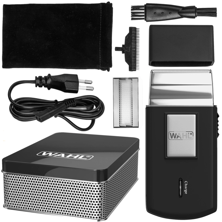 Bogaty zestaw podróżny Wahl Travel Shaver w eleganckim metalowym pudełku.