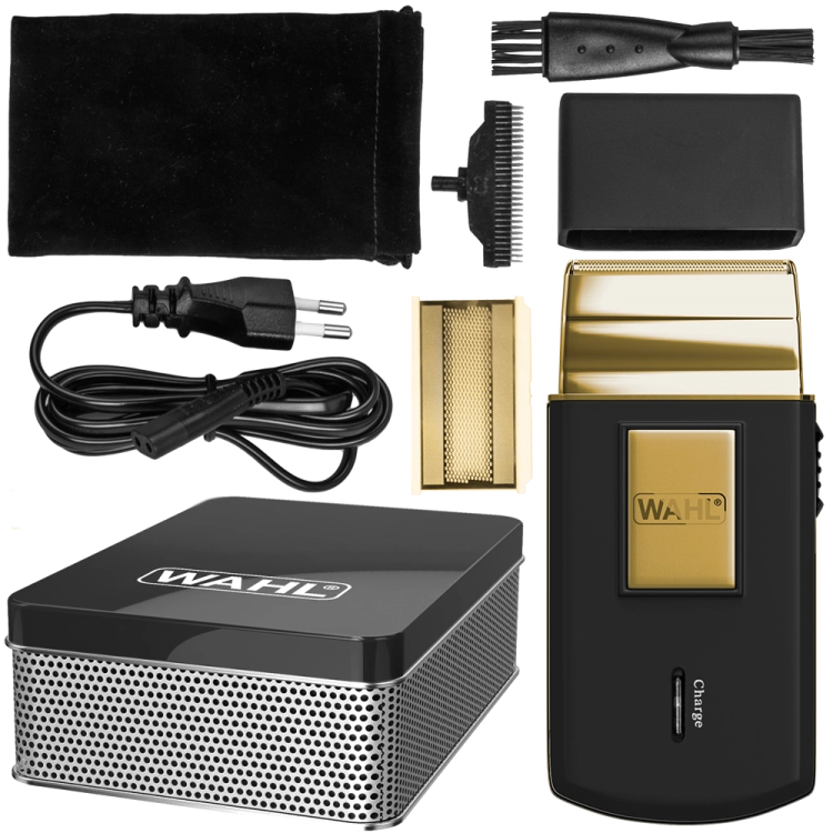 Zawartość luksusowego zestawu Wahl Travel Shaver Gold w metalowym pudełku.