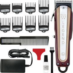 Pełny zestaw Wahl Legend Cordless: maszynka, 8 nasadek Premium i akcesoria.
