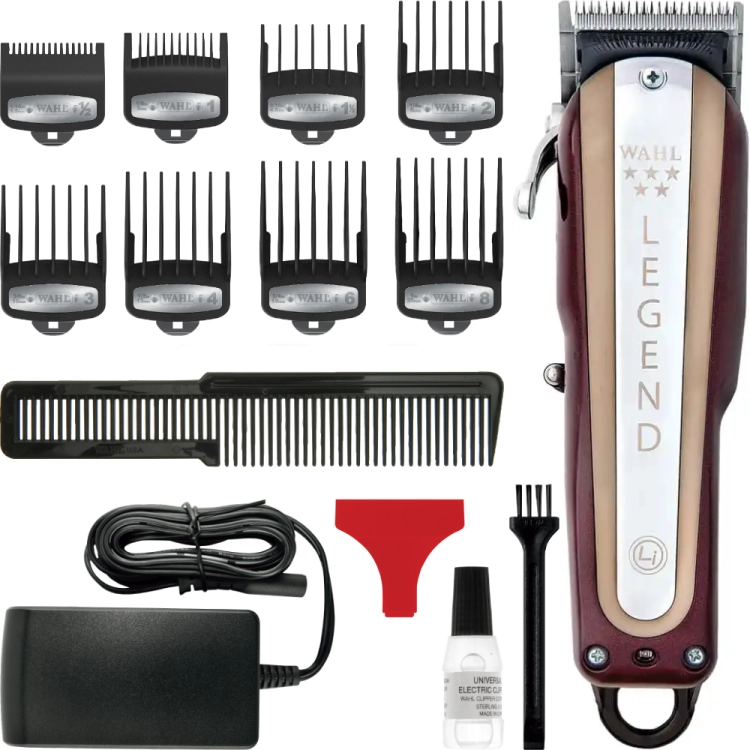Pełny zestaw Wahl Legend Cordless: maszynka, 8 nasadek Premium i akcesoria.