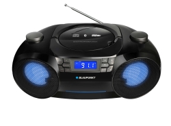 Przenośny radioodtwarzacz Blaupunkt BB31LED z włączonym kolorowym podświetleniem głośników.