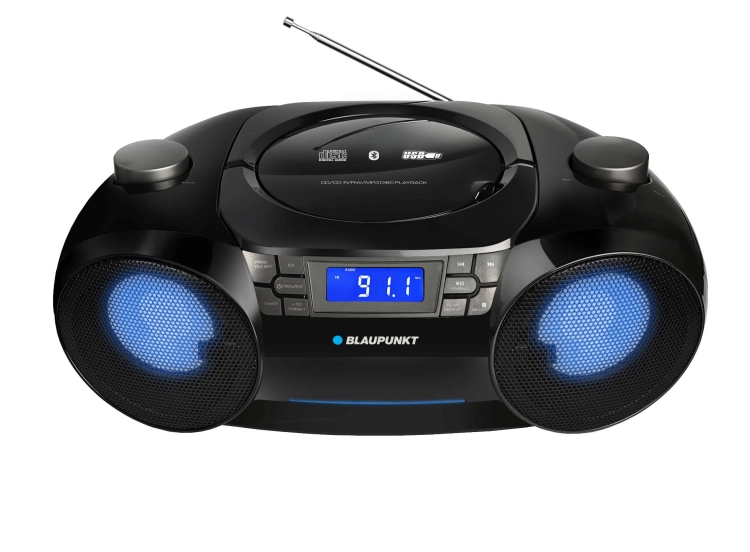 Przenośny radioodtwarzacz Blaupunkt BB31LED z włączonym kolorowym podświetleniem głośników.