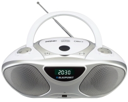 Biały przenośny radioodtwarzacz Blaupunkt BB14WH z odtwarzaczem CD i portem USB.