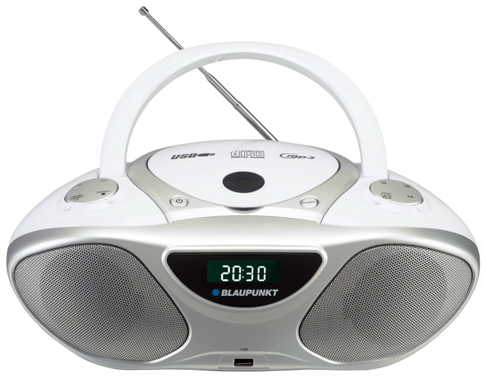 Biały przenośny radioodtwarzacz Blaupunkt BB14WH z odtwarzaczem CD i portem USB.