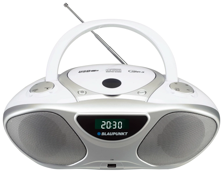 Biały przenośny radioodtwarzacz Blaupunkt BB14WH z odtwarzaczem CD i portem USB.