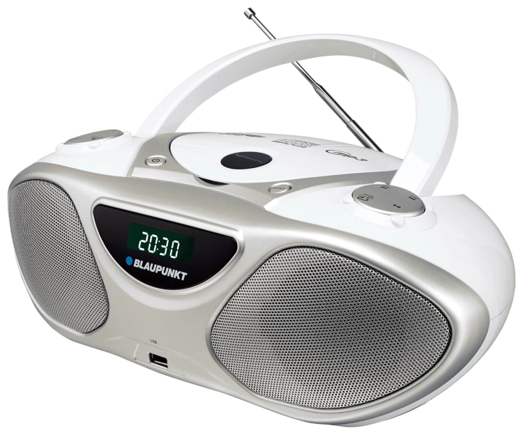 Klasyczny, biały boombox Blaupunkt BB14WH jako idealne radio do kuchni lub pokoju dziecka.