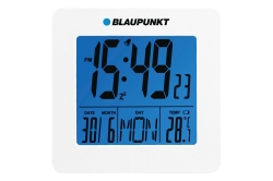 Biały zegar cyfrowy Blaupunkt CL02WH z wyświetlaczem LCD pokazującym godzinę i temperaturę.