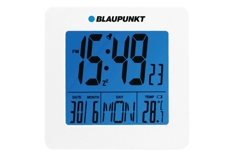 Biały zegar cyfrowy Blaupunkt CL02WH z wyświetlaczem LCD pokazującym godzinę i temperaturę.