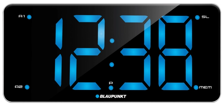 Biały radiobudzik Blaupunkt CR15WH z dużym, czytelnym wyświetlaczem cyfrowym.