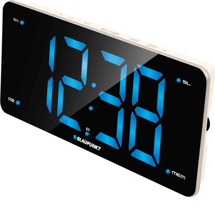 Górny panel z przyciskami do ustawiania alarmu i funkcją drzemki w radiobudziku CR15WH.
