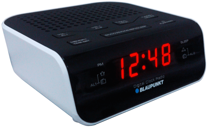Biały radiobudzik Blaupunkt CR5WH z czytelnym cyfrowym wyświetlaczem.