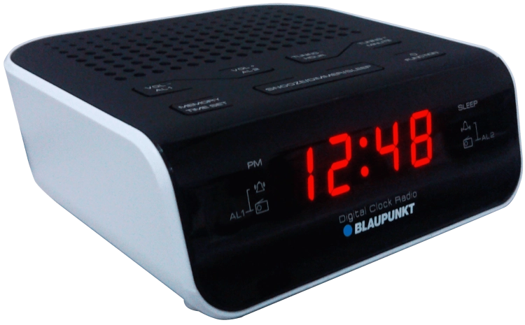 Biały radiobudzik Blaupunkt CR5WH z czytelnym cyfrowym wyświetlaczem.