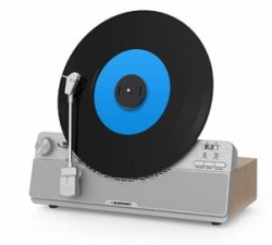 Pionowy gramofon Blaupunkt VT100SL w srebrnej obudowie z odtwarzaną płytą winylową.