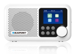 Biały odbiornik radiowy Blaupunkt DR8WH z dużym pokrętłem i czytelnym ekranem LCD.