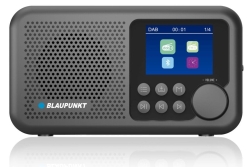 Czarny odbiornik radiowy Blaupunkt DR8BK z dużym pokrętłem i czytelnym ekranem LCD.