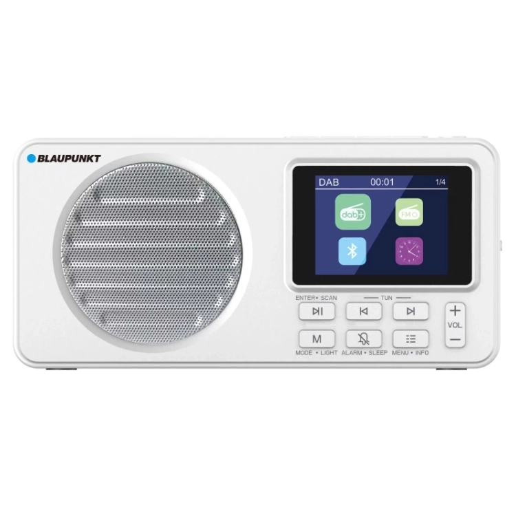 Białe radio cyfrowe Blaupunkt DR6WH z dużym głośnikiem i wyświetlaczem LCD.