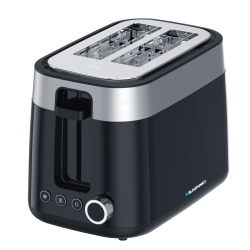 Czarny toster Blaupunkt TSP412 z dwoma szerokimi szczelinami i stalowymi elementami.