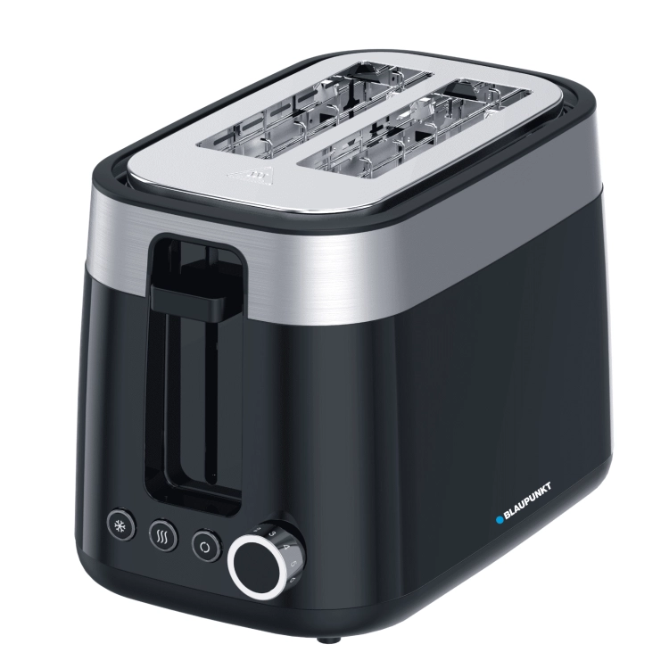 Czarny toster Blaupunkt TSP412 z dwoma szerokimi szczelinami i stalowymi elementami.