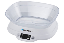 Elektroniczna waga kuchenna Blaupunkt FKS501 z białą misą i czytelnym wyświetlaczem.