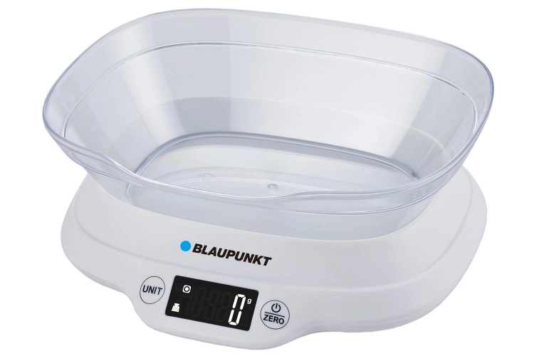 Elektroniczna waga kuchenna Blaupunkt FKS501 z białą misą i czytelnym wyświetlaczem.
