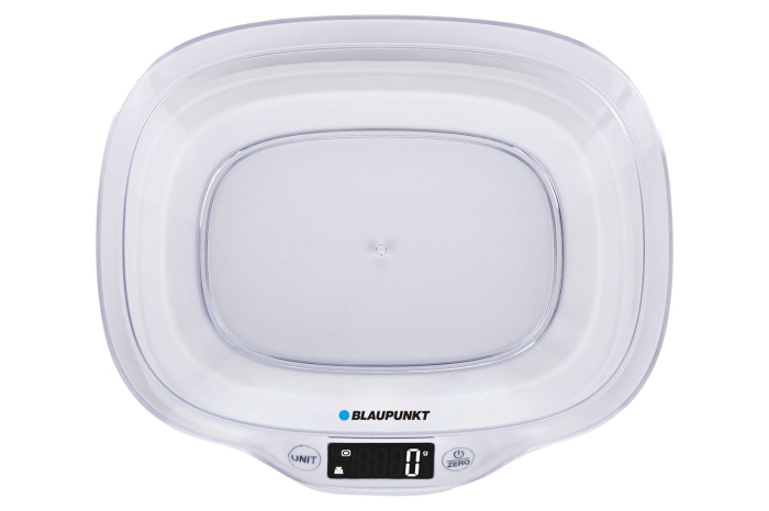 Zbliżenie na wyświetlacz LCD i przyciski funkcyjne wagi kuchennej Blaupunkt FKS501.