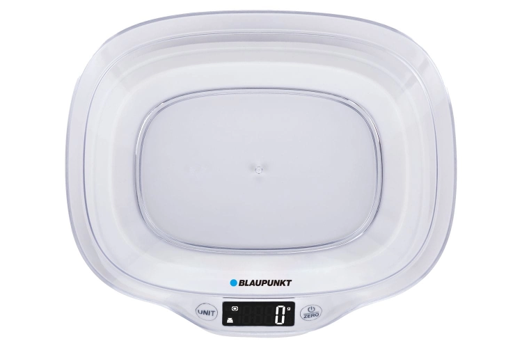 Zbliżenie na wyświetlacz LCD i przyciski funkcyjne wagi kuchennej Blaupunkt FKS501.