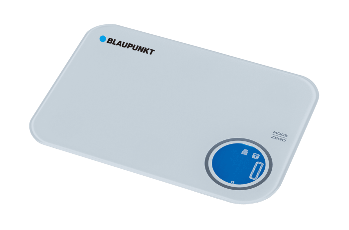 Podświetlany na niebiesko ekran LCD wagi kuchennej Blaupunkt FKS601 z dotykowymi przyciskami.