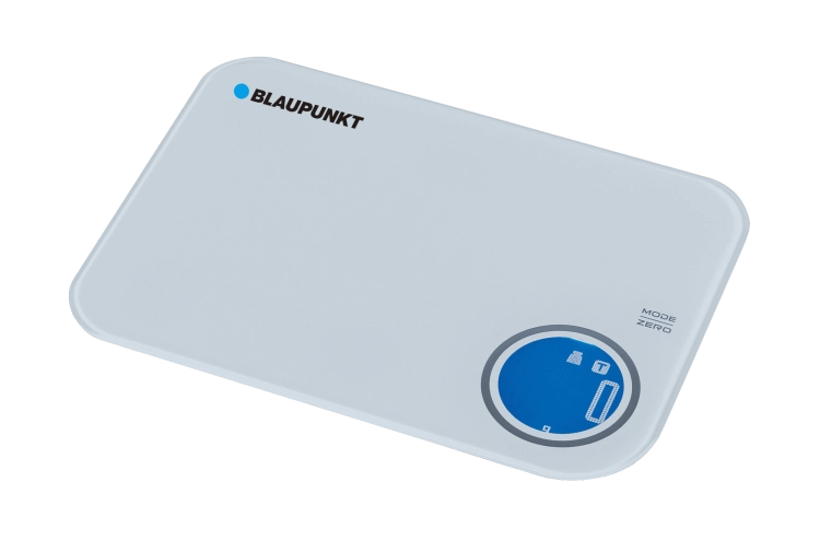 Podświetlany na niebiesko ekran LCD wagi kuchennej Blaupunkt FKS601 z dotykowymi przyciskami.