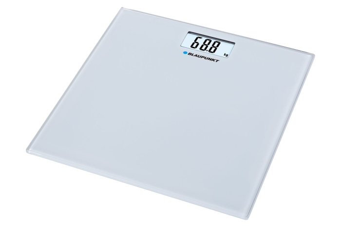 Elegancka waga łazienkowa Blaupunkt BSP301 z przezroczystą szklaną platformą.