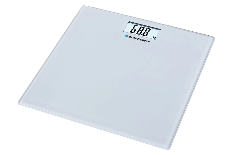Elegancka waga łazienkowa Blaupunkt BSP301 z przezroczystą szklaną platformą.