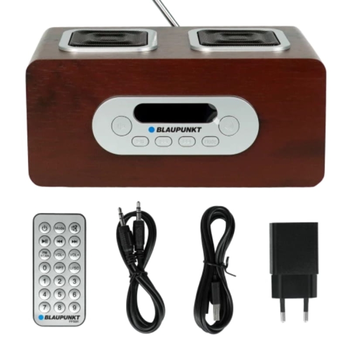 Przenośne radio Blaupunkt PP5BR w drewnianej obudowie retro z czytelnym wyświetlaczem.