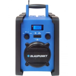 Wytrzymałe radio budowlane Blaupunkt PP30BT JOBSITE w czarno-niebieskiej wzmocnionej obudowie.