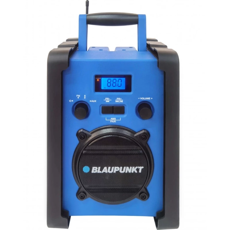 Wytrzymałe radio budowlane Blaupunkt PP30BT JOBSITE w czarno-niebieskiej wzmocnionej obudowie.