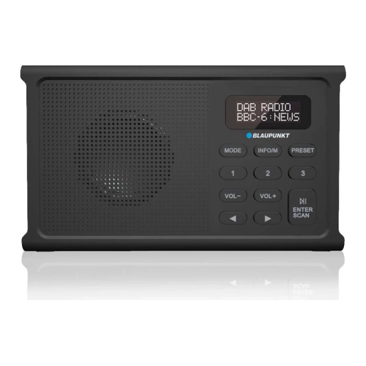 Czarne, przenośne radio Blaupunkt DR3BK z cyfrowym tunerem DAB+ i teleskopową anteną.