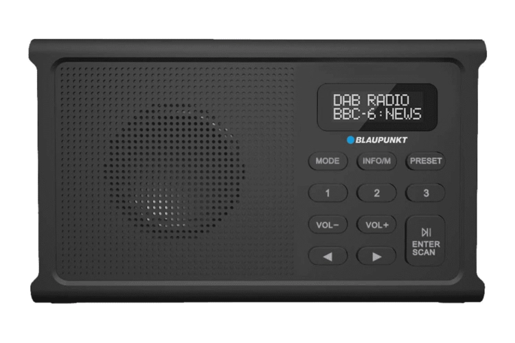 Zbliżenie na czytelny ekran LCD oraz intuicyjny panel sterowania przenośnego radia Blaupunkt DR3BK w kolorze czarnym.