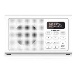 Białe, przenośne radio Blaupunkt DR3WH z cyfrowym tunerem DAB+ i teleskopową anteną.