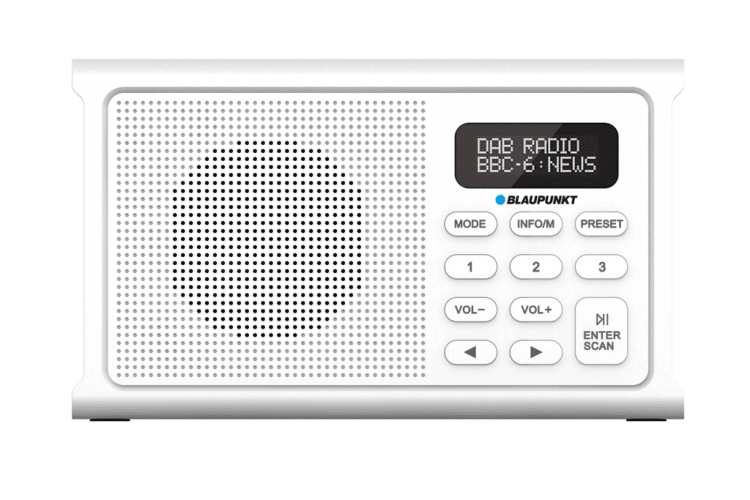 Zbliżenie na czytelny ekran LCD oraz intuicyjny panel sterowania przenośnego radia Blaupunkt DR3WH.