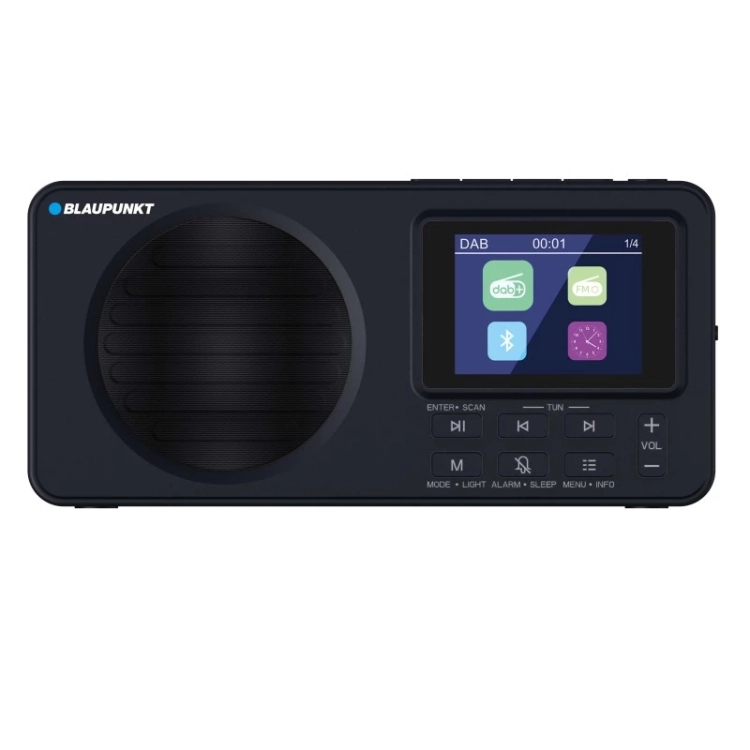 Czarny, przenośny odbiornik radiowy Blaupunkt DR6BK z cyfrowym tunerem DAB+ i wyświetlaczem LCD.