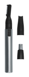 Srebrny, precyzyjny trymer bateryjny Wahl Micro GroomsMan 5640-616 w obudowie z anodowanego aluminium.