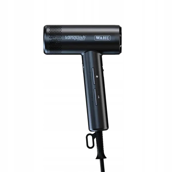 Czarna, kompaktowa suszarka do włosów Wahl Vanquish Compact 1600W z nowoczesnym silnikiem cyfrowym.