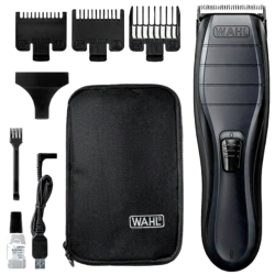 Kompletny zestaw z maszynką Wahl Cordless Close Cut, w tym nasadki grzebieniowe, zasilacz, szczoteczka i olejek do ostrzy.