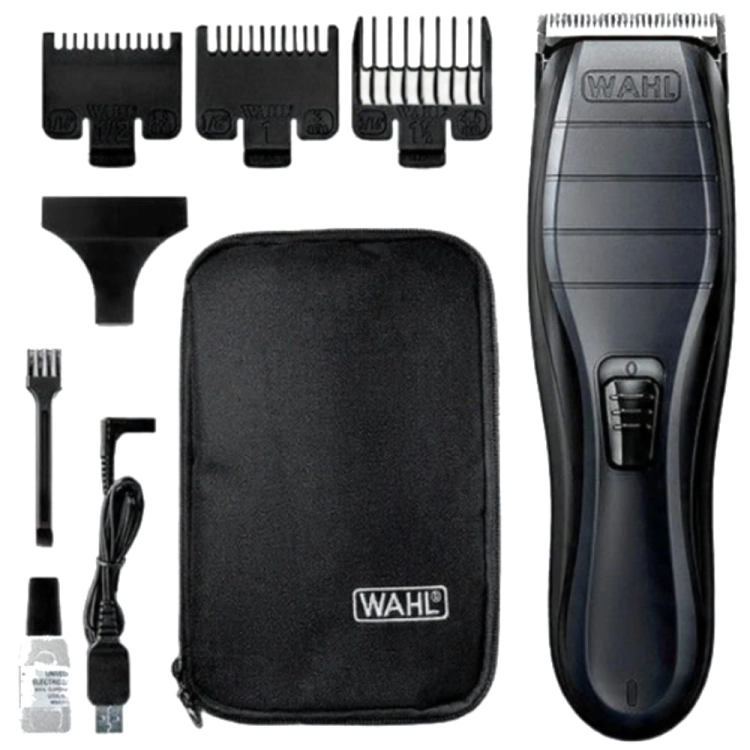 Kompletny zestaw z maszynką Wahl Cordless Close Cut, w tym nasadki grzebieniowe, zasilacz, szczoteczka i olejek do ostrzy.